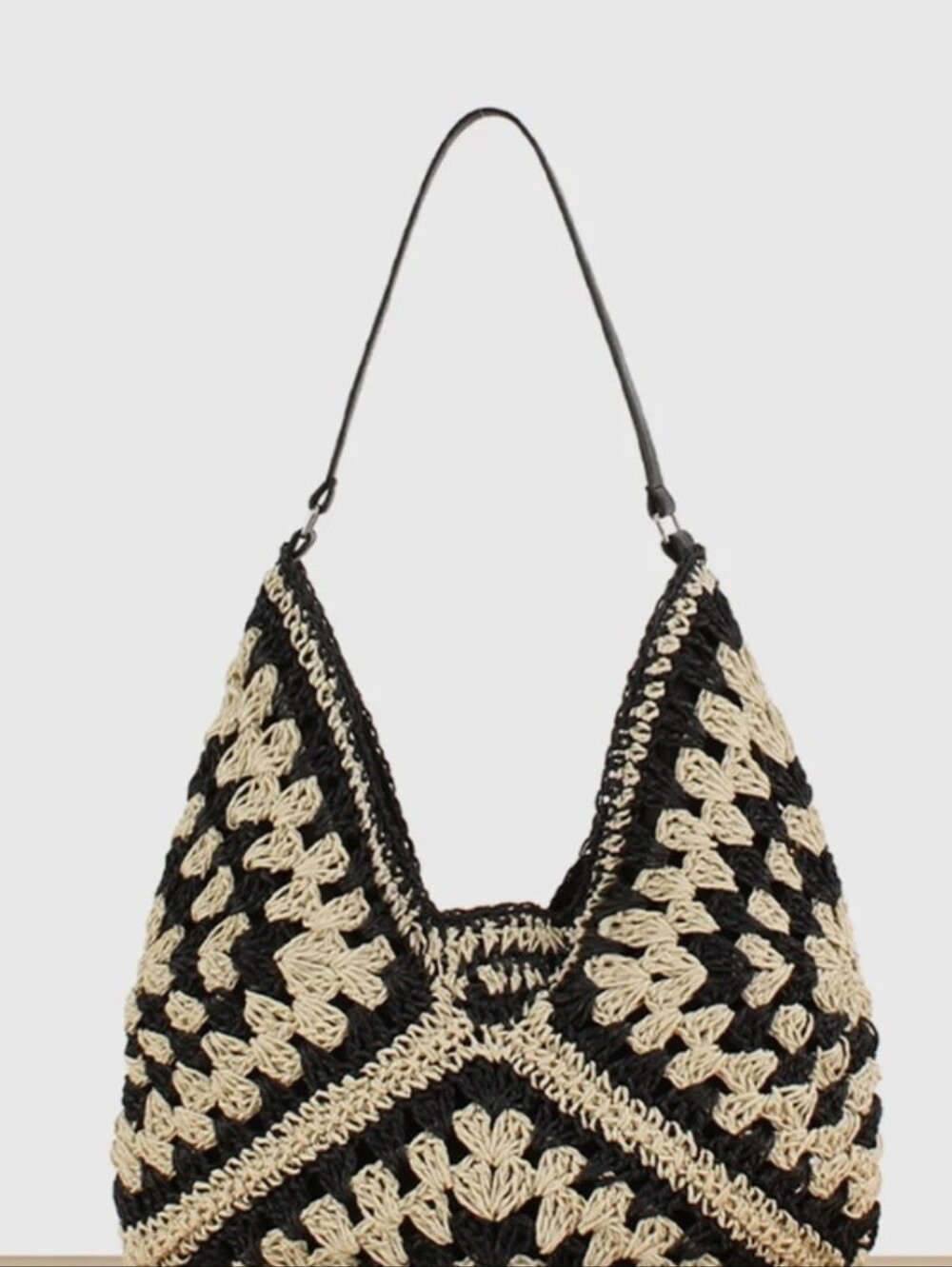 Commense Crochet Straw Shoulder Bag Black Tan OS NWT - Picture 10 of 10
